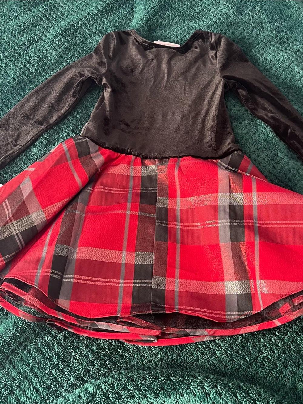 Bonnie Jean Black Velvet Top with Red Plaid Skirt